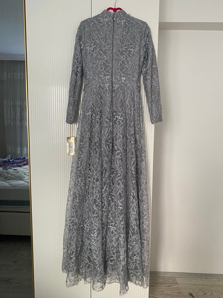Uzun Kollu Gri Dantel Vintage Elbise - Görsel 2