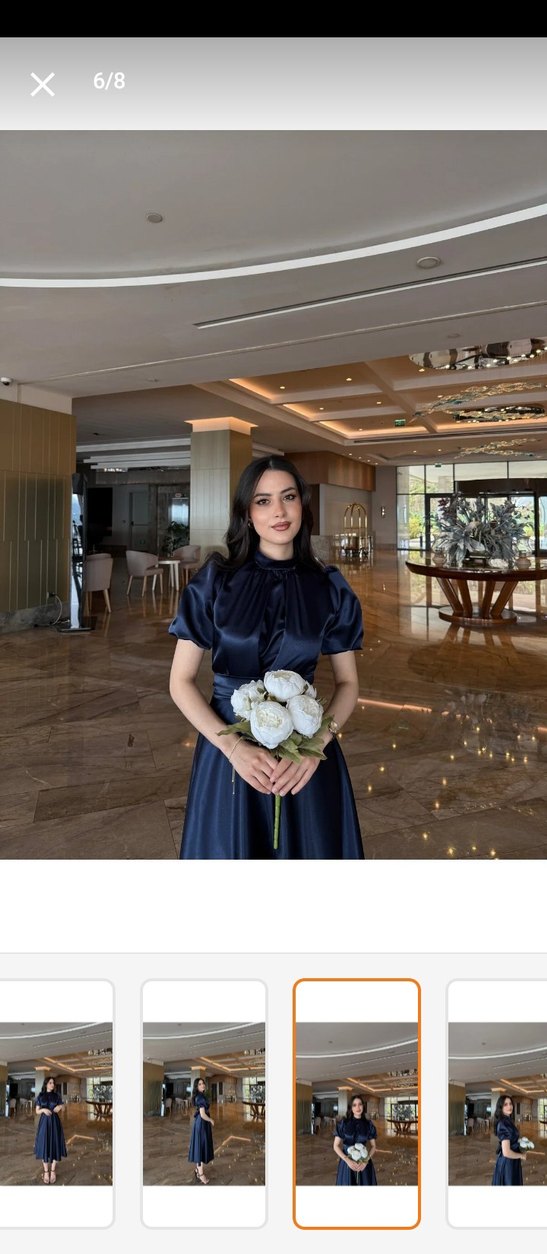 Parlak Lacivert Yüksek Yakalı Uzun Kadın Elbise - Görsel 2