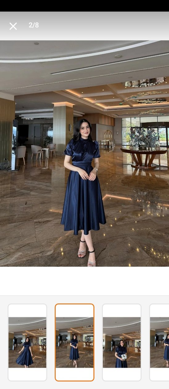 Parlak Lacivert Yüksek Yakalı Uzun Kadın Elbise - Görsel 3