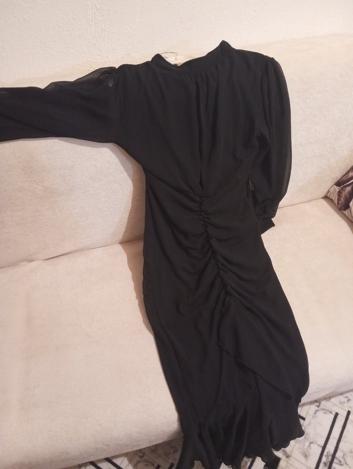 Uzun Kollu Transparan siyah Midi Elbise - Görsel 2