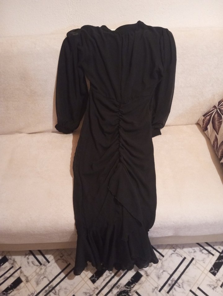 Uzun Kollu Transparan siyah Midi Elbise - Görsel 3