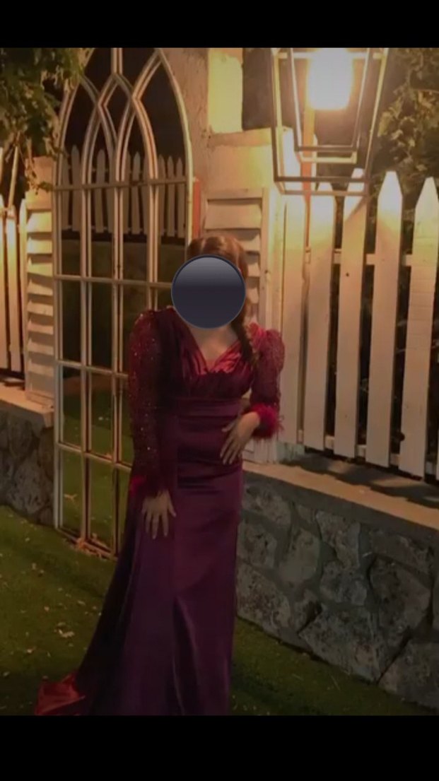 Bordo Uzun Kollu Drapeli Abiye Elbise - Görsel 2