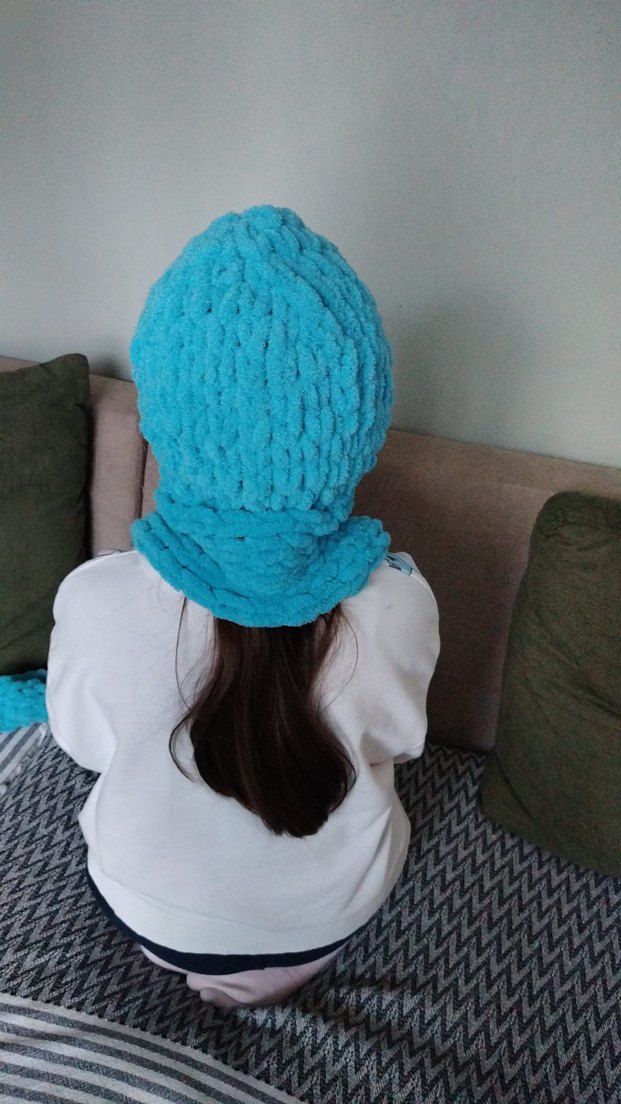 El emeği göz nuru Mor Örgü Çocuk Atkı Kapüşonlu - Görsel 5