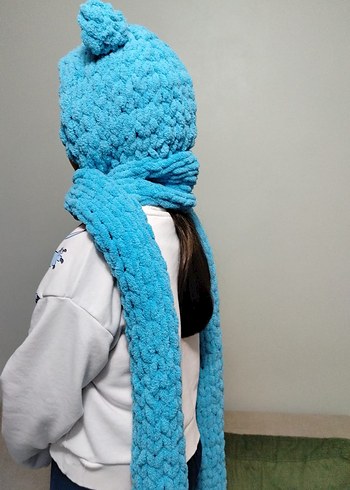 El emeği Turkuaz Örgü Çocuk Bere ve Atkı Takımı - Görsel 3