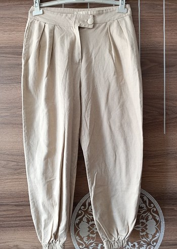 Bej Keten Midi Kadın Pantolon