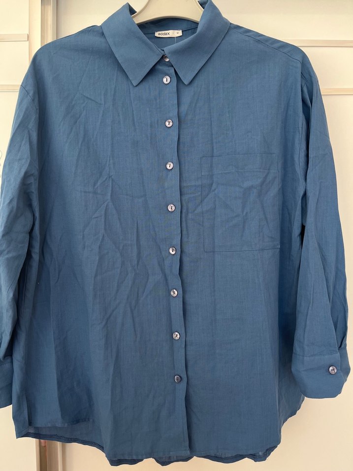 Mavi Keten Uzun Kollu Gömlek - Görsel 2