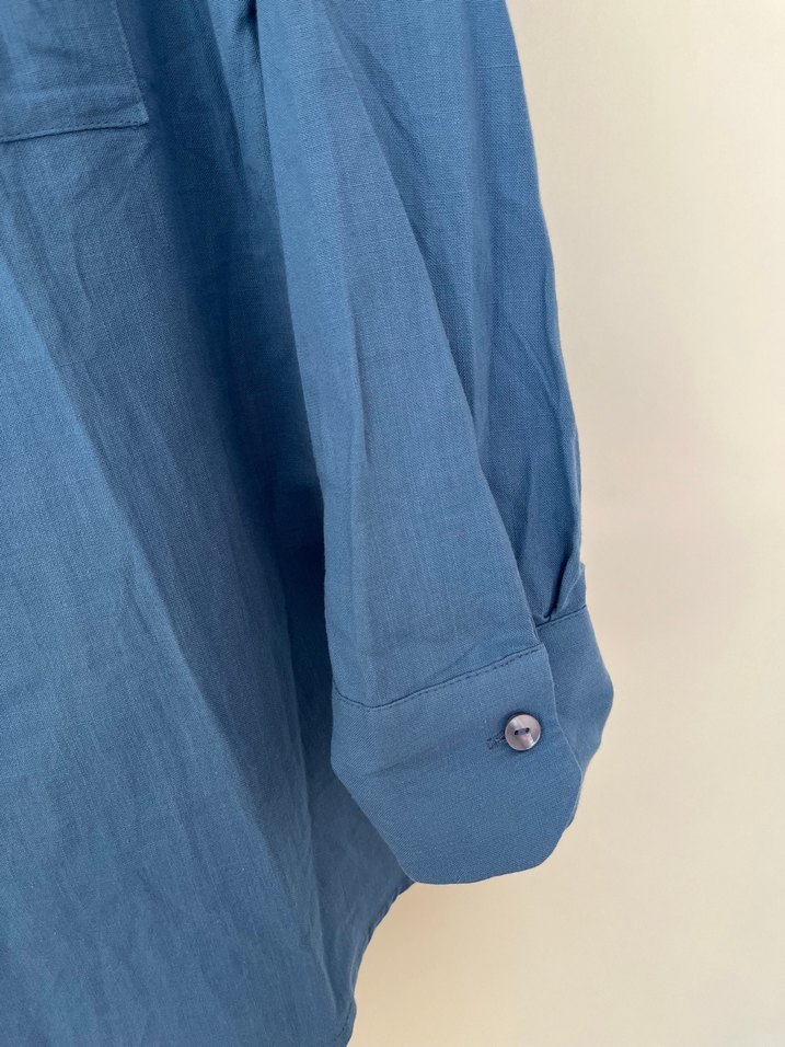 Mavi Keten Uzun Kollu Gömlek - Görsel 3
