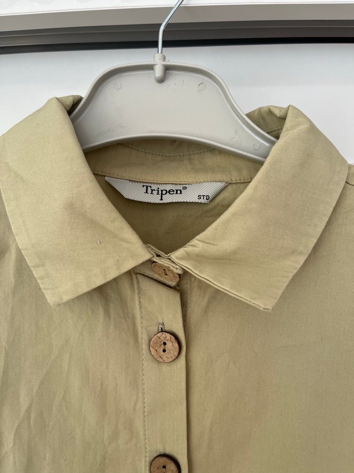 Yeşil Düğmeli Uzun Kollu Keten Gömlek - Görsel 3