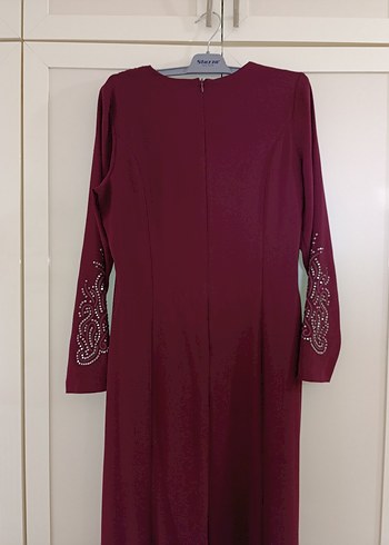 xxl Beden bordo Renk Bordo İşlemeli V Yakalı Uzun Kadın Elbise