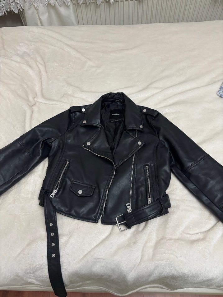 Kadın Siyah Deri Biker Ceket - Görsel 2