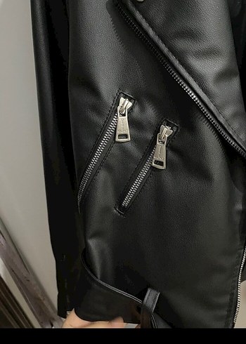 Kadın Siyah Deri Biker Ceket Kemerli - Görsel 4