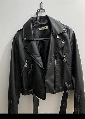 Kadın Siyah Deri Biker Ceket Kemerli - Görsel 6