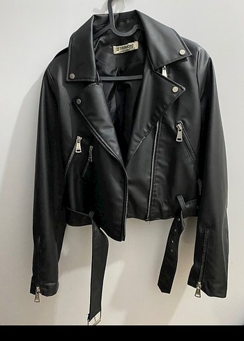 Kadın Siyah Deri Biker Ceket Kemerli - Görsel 2