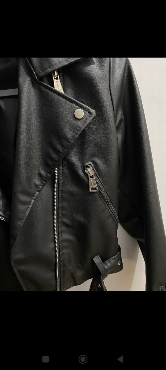 Kadın Siyah Deri Biker Ceket Kemerli - Görsel 3