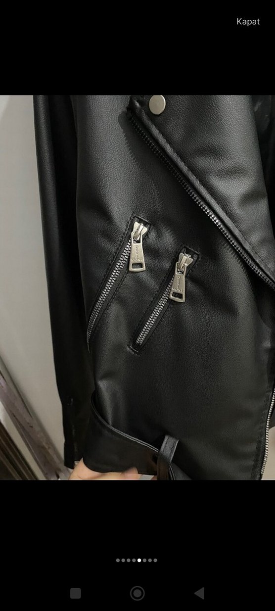 Kadın Siyah Deri Biker Ceket Kemerli - Görsel 4