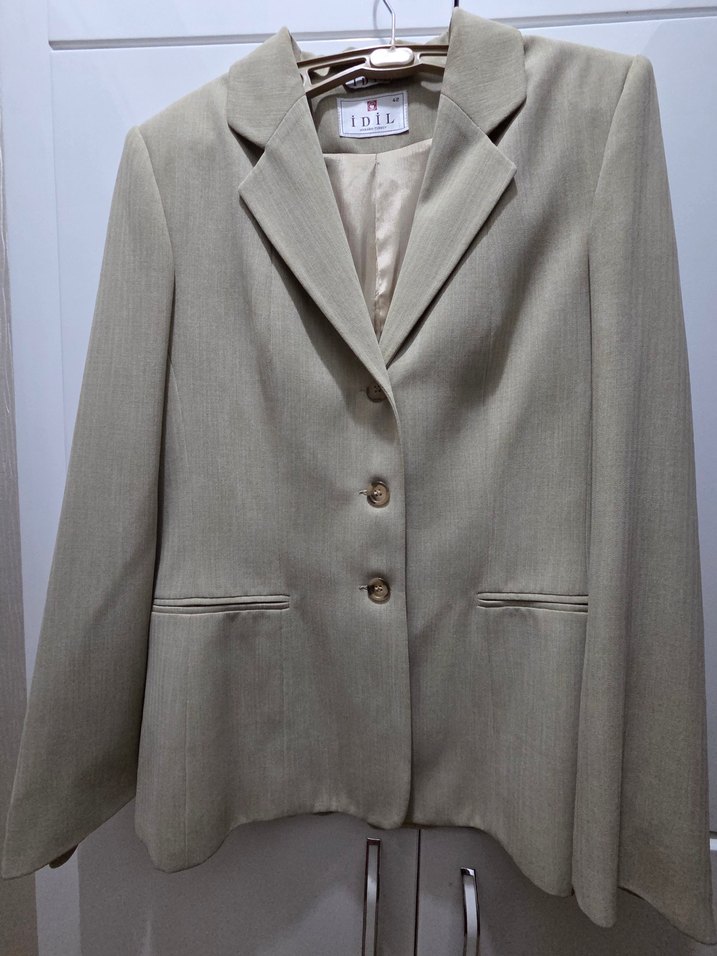 Bej Kadın Uzun Kollu Klasik Kesim Ceket Ve etek - Görsel 4