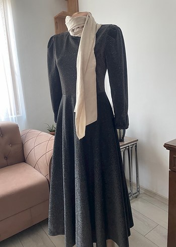 Gri Uzun Kollu Pileli Kadın Elbise - Görsel 2