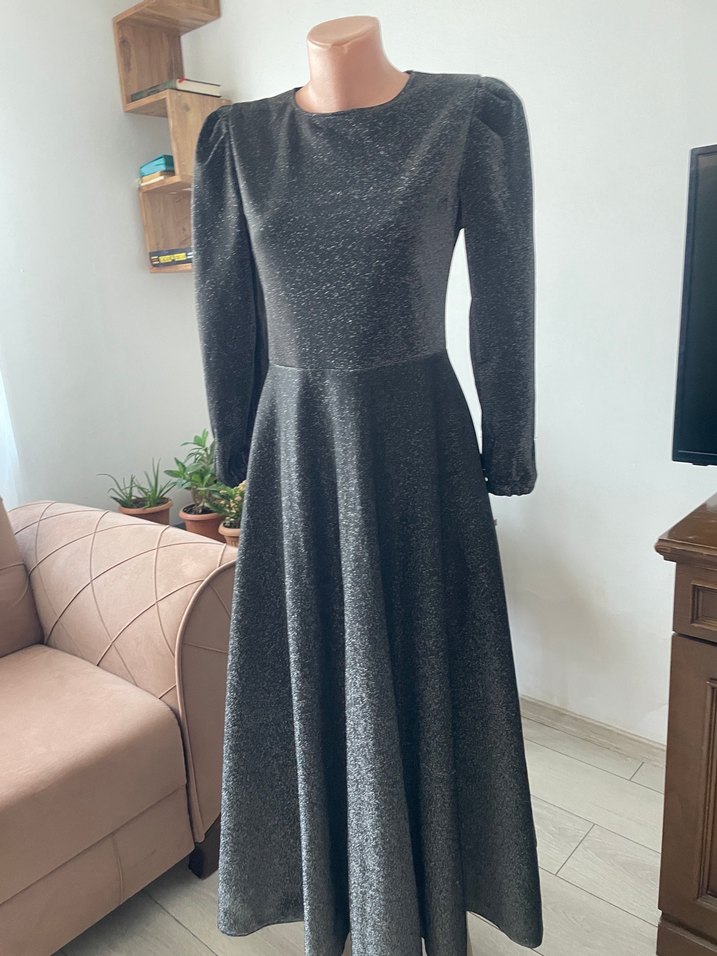 Gri Uzun Kollu Pileli Kadın Elbise - Görsel 5