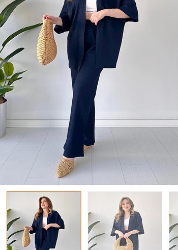 s Beden Lacivert Kadın Keten Midi Kimono