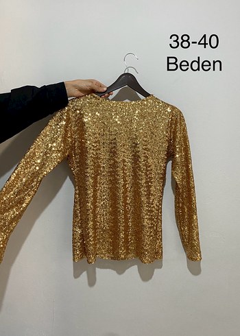 Uzun Kollu Altın Renkli Payetli Bluz