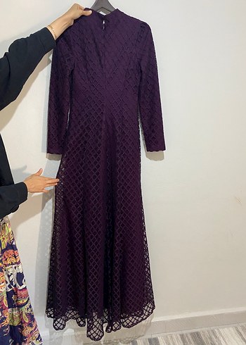 Diğer Mor Dantelli Uzun Kollu Uzun Elbise