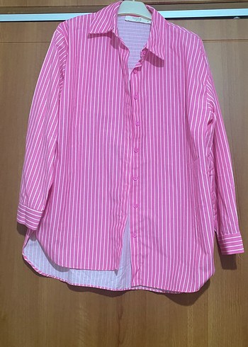 Pembe Çizgili Uzun Kollu Kadın Gömlek