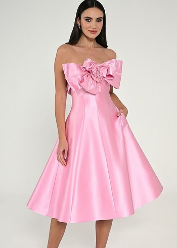 Pembe Straplez Midi Abiye Elbise