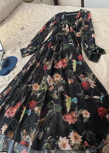 Çiçek Desenli Uzun Bohem Elbise kolları manşetli - Görsel 3