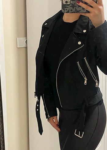 Kemerli Siyah Deri Biker Ceket - Görsel 2