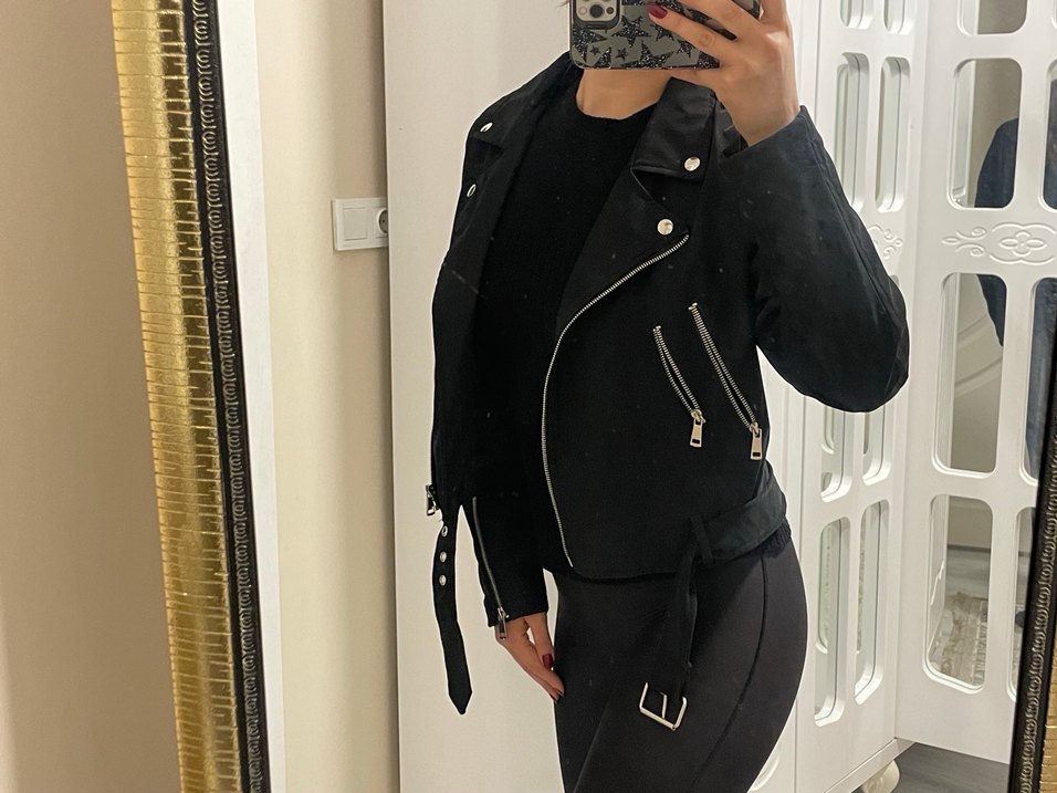 Kemerli Siyah Deri Biker Ceket - Görsel 2