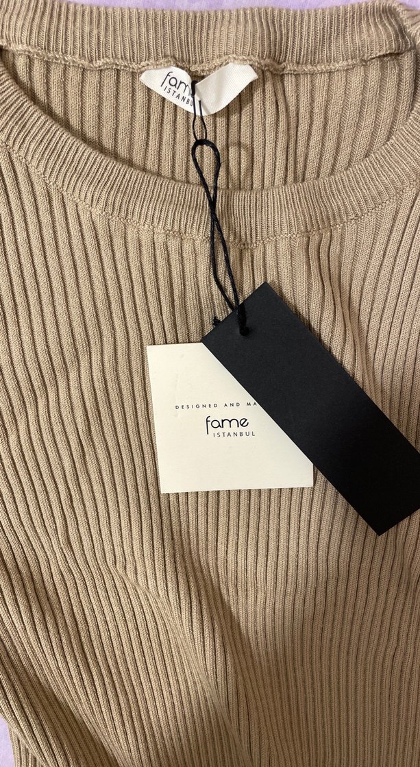 Bej Uzun Kollu Kemerli Triko Elbise - Görsel 5