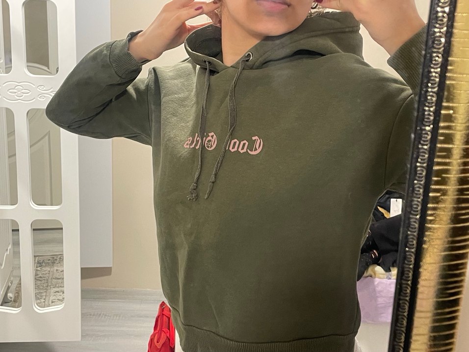 Kadın Haki Kapüşonlu Kısa Kollu Sweatshirt - Görsel 2