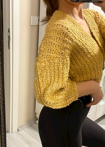Sarı Örgü V Yakalı Kadın Hırka - Görsel 2