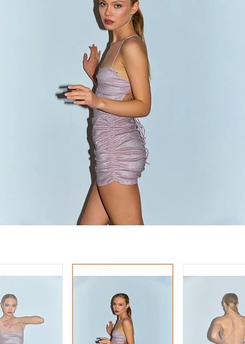 Pembe Parlak Simli Sırt İpli Dekolteli Mini Elbise - Görsel 4