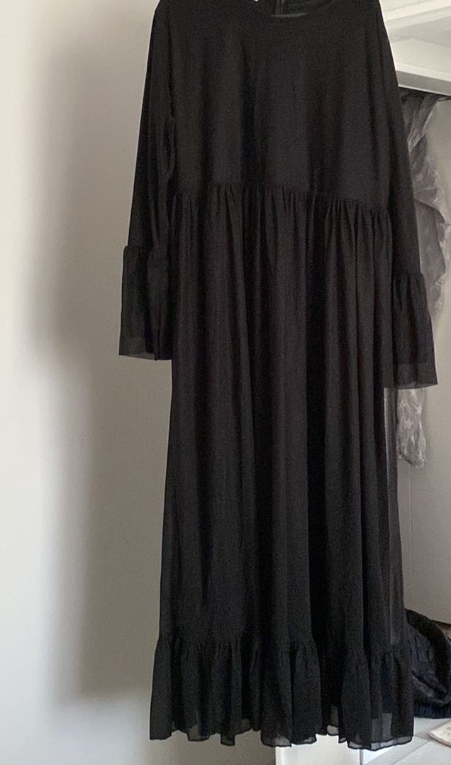Uzun Kollu Siyah Fırfırlı Uzun Elbise - Görsel 2