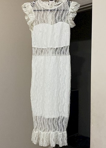 Dantel Detaylı Beyaz Mini Nişan Elbisesi - Görsel 4