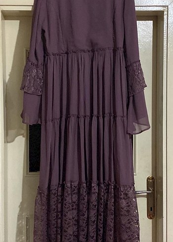 Mor Uzun Kollu Bohem Nakışlı Elbise - Görsel 2