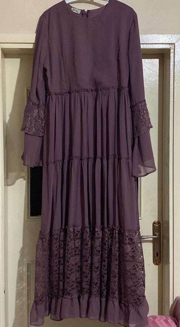 Mor Uzun Kollu Bohem Nakışlı Elbise - Görsel 2