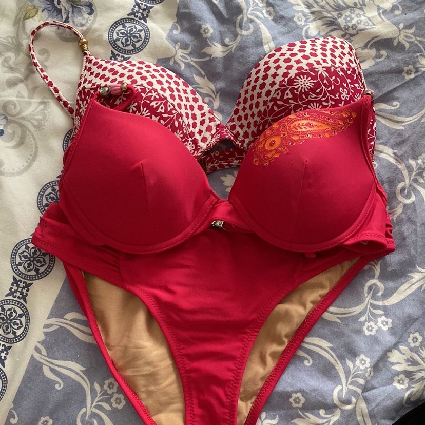 Dantel Detaylı Desenli Pembe Bikini - Görsel 2