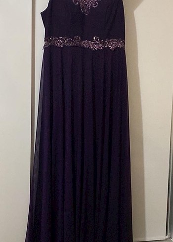 Mor V Yakalı Nakışlı Uzun Abiye Elbise - Görsel 2