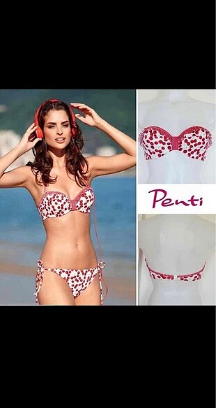 Penti puantiyeli fırfırlı kiraz desenli pin up straplez bikini ü