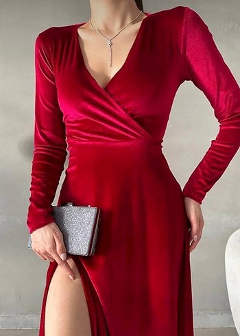 Kırmızı kadife abiye elbise - Görsel 3