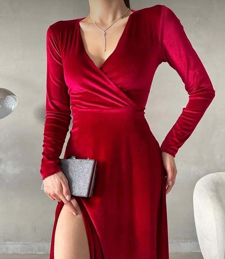 Kırmızı kadife abiye elbise - Görsel 3