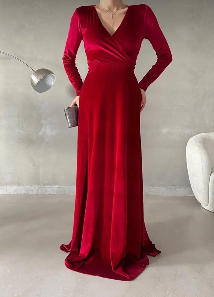 Kırmızı kadife abiye elbise - Görsel 2