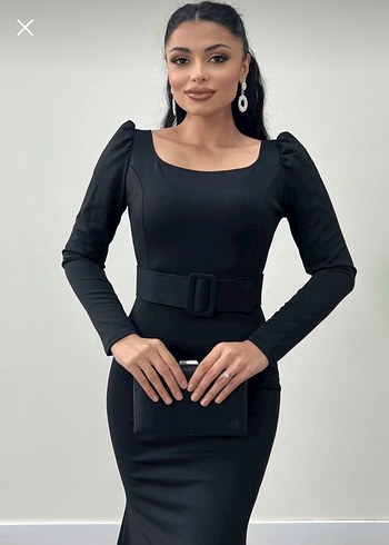 Siyah Kemerli Uzun Kollu Uzun Elbise - Görsel 3