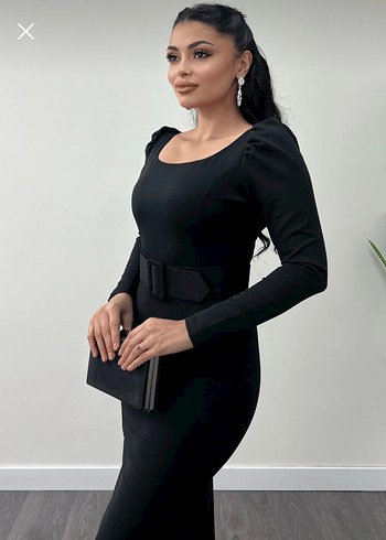 Siyah Kemerli Uzun Kollu Uzun Elbise - Görsel 4