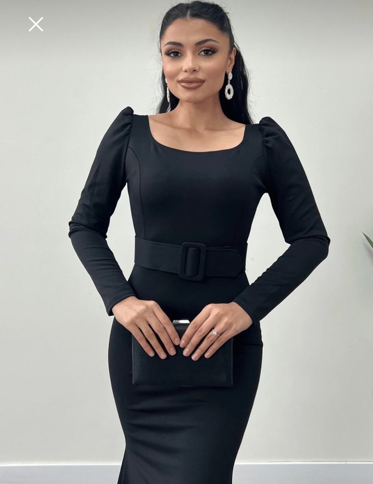 Siyah Kemerli Uzun Kollu Uzun Elbise - Görsel 3