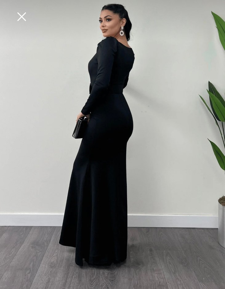 Siyah Kemerli Uzun Kollu Uzun Elbise - Görsel 5