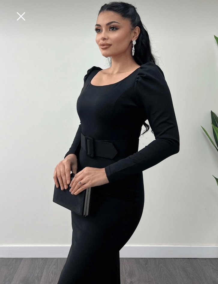 Siyah Kemerli Uzun Kollu Uzun Elbise - Görsel 4