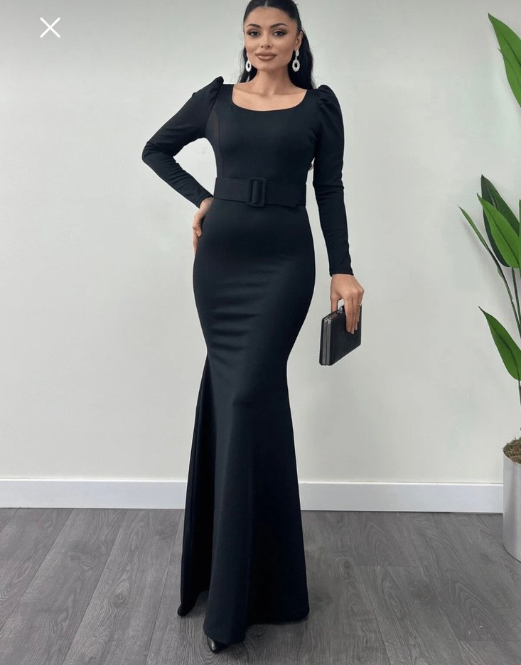 Siyah Kemerli Uzun Kollu Uzun Elbise - Görsel 2